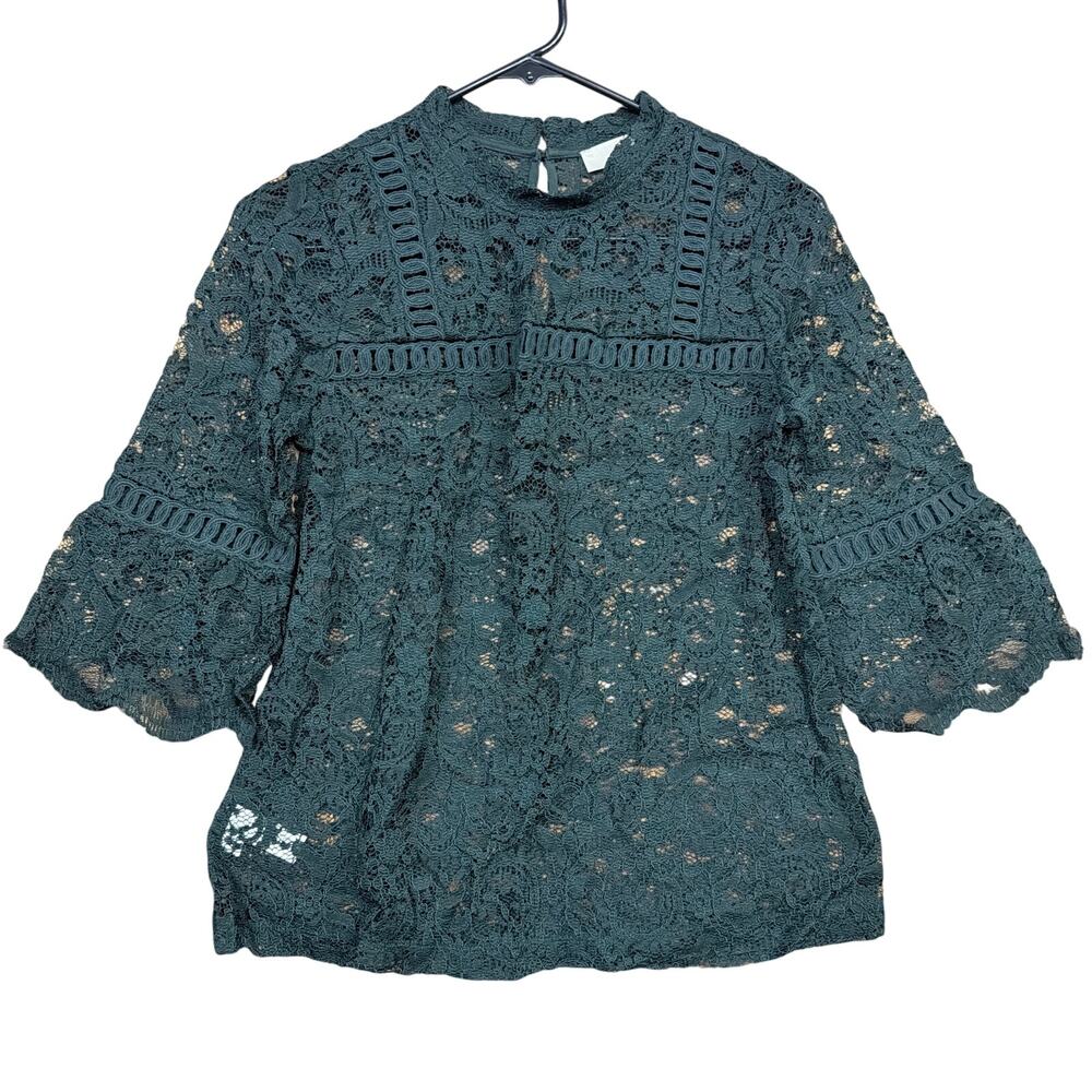 LOFT Womens Blouse Dark Green Lace Sheer Crew Neck 3/4 Bell Sleeve XS